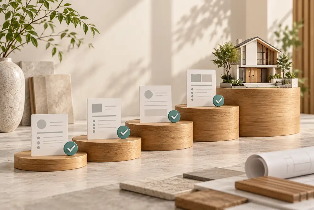 Editorial illustration of a tasteful editorial conceptual still life of five stepping wooden platforms with a tiny house model at final platform, plain blank invoice sheets and subtle teal checkmark tokens, ivory backdrop, visual metaphor for milestone payments.