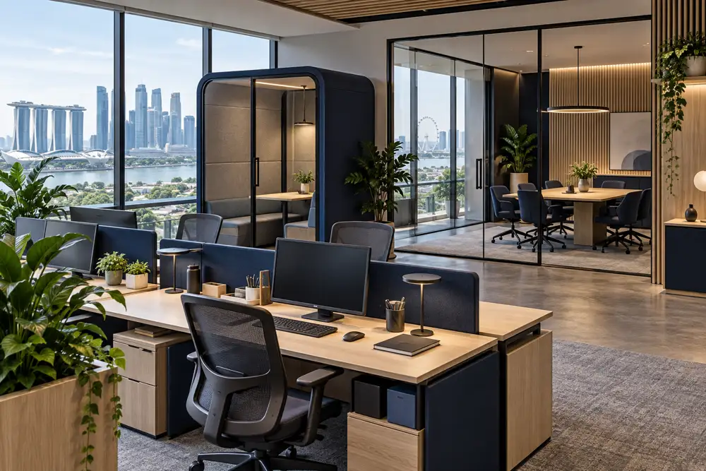 Editorial illustration of a compact modern Singapore office with ergonomic workstations, acoustic meeting pod, glazed meeting room and daylight, navy and light ash wood palette.