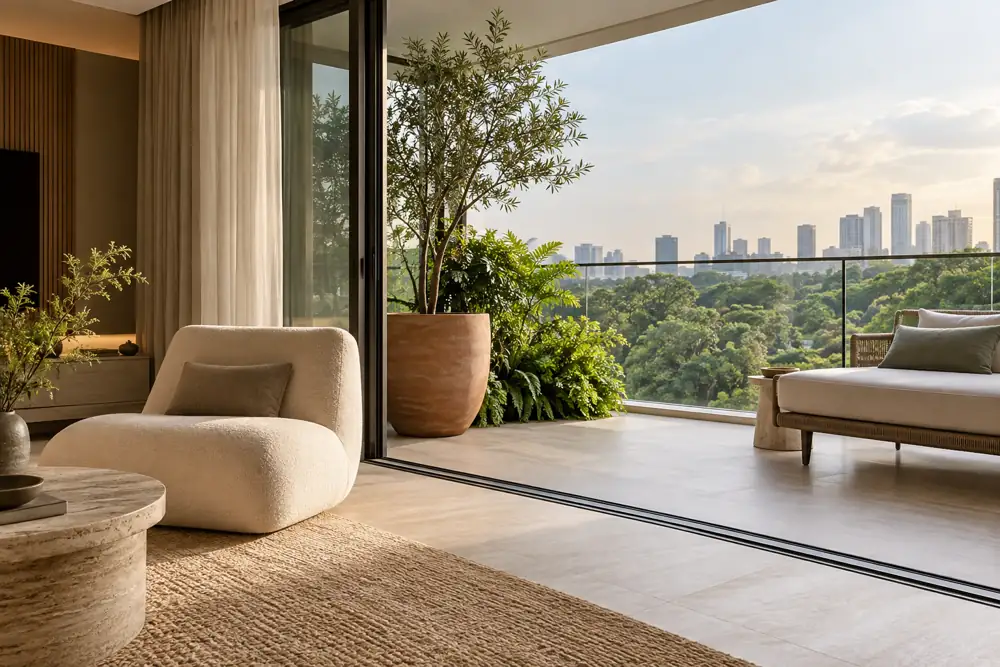 Concept illustration: Singapore condo interior looking towards a balcony through existing open sliding glass doors, aligned pale floor tones, low cream lounge chair and outdoor terracotta planter, threshold visible