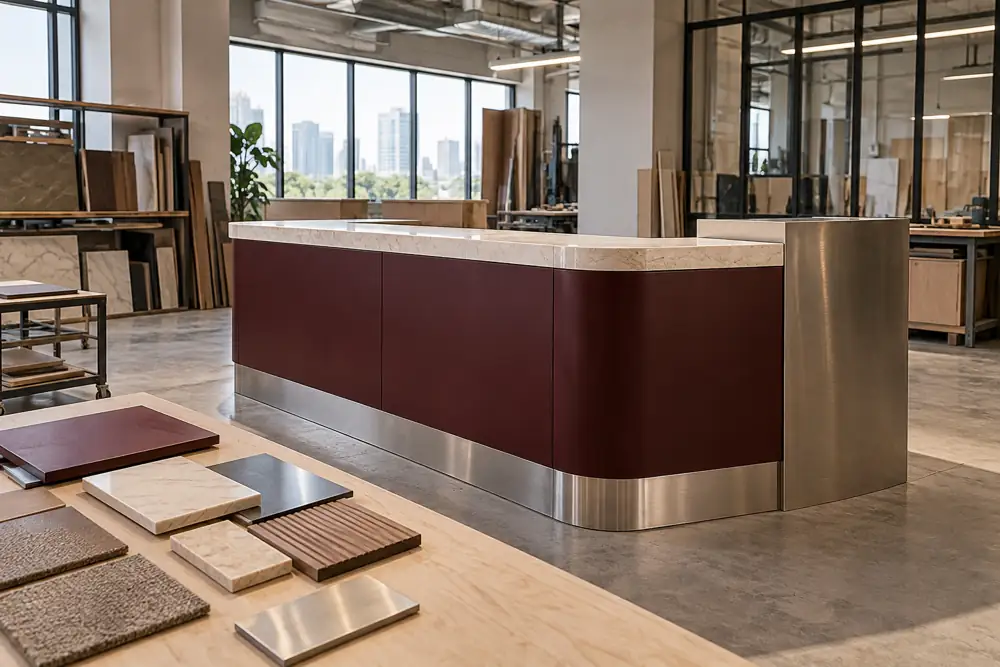 Concept illustration: Commercial fit-out workshop with a freestanding full-size counter corner mock-up combining burgundy laminate, brushed metal and cream stone, material samples beside it, no labels