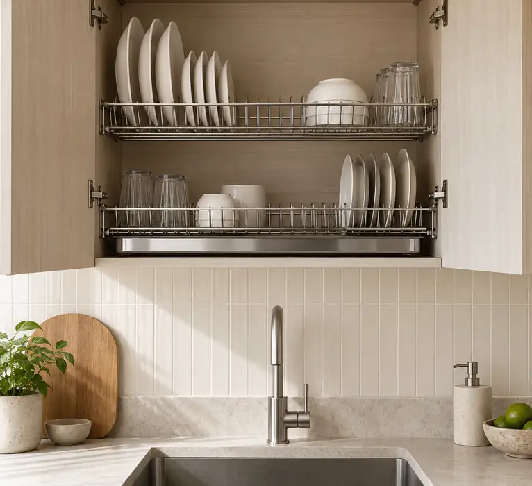 Concept illustration: Close view of a pale ash upper kitchen cabinet open to show neat stainless dish drying rack and removable tray above a stone sink, cream tile backsplash
