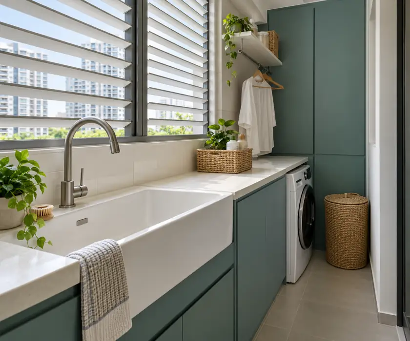 Concept illustration: Compact Singapore service yard with deep white utility sink, stainless tap, muted teal laundry cabinet and separate washer, daylight through louvred window