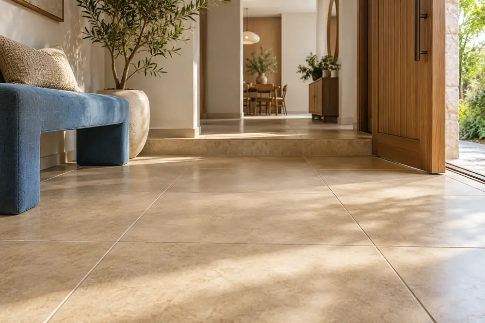 Editorial illustration of a bright entry hall with large sand-coloured square tiles and a tiled step transition, low camera focusing on grout grid and doorway, blue bench.