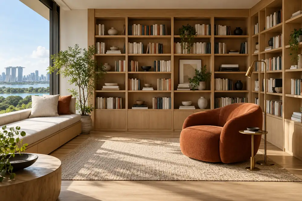 Concept illustration: A sunlit apartment home library with full-height pale oak bookshelves filled with unmarked books, one curved rust reading chair, slender brass lamp, low window seat and a simple rug