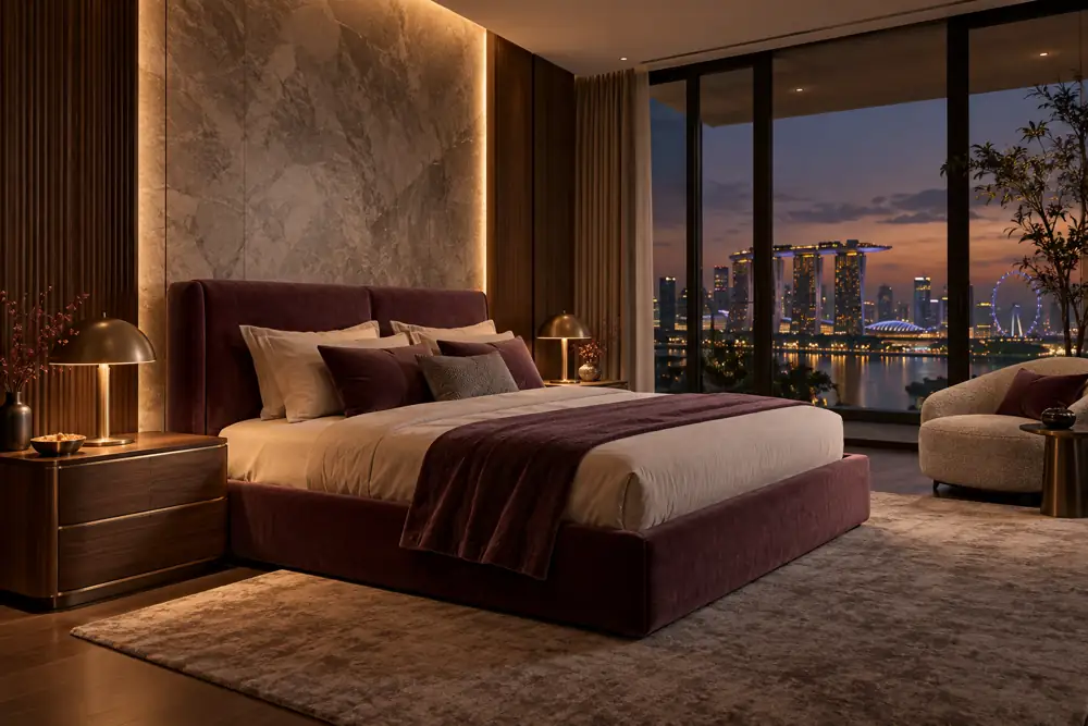 Concept illustration: Elegant bedroom with plum upholstered bed, walnut bedside drawers, narrow champagne metal accents and subtle textured stone backdrop, evening architectural lighting