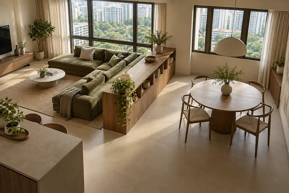 Concept illustration: High-angle Singapore HDB open-plan living dining room with a low double-sided timber storage divider, olive seating and clear routes around a round dining table
