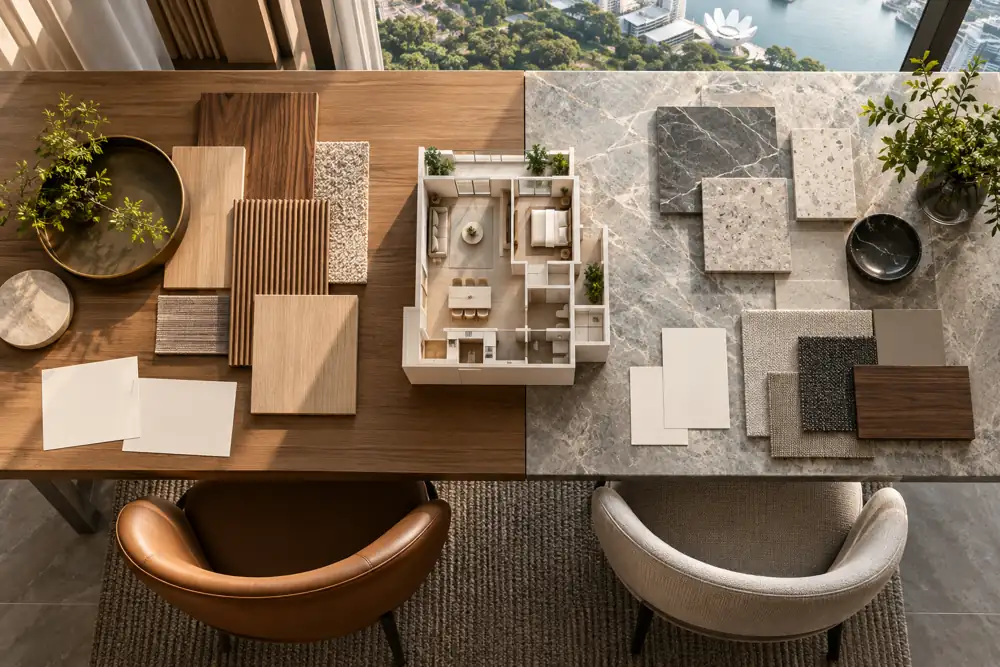 Concept illustration: An elegant residential design consultation table seen from above with two contrasting material palettes, blank paper cards, unlabeled timber and stone samples, two chairs and a small apartment model, no text anywhere