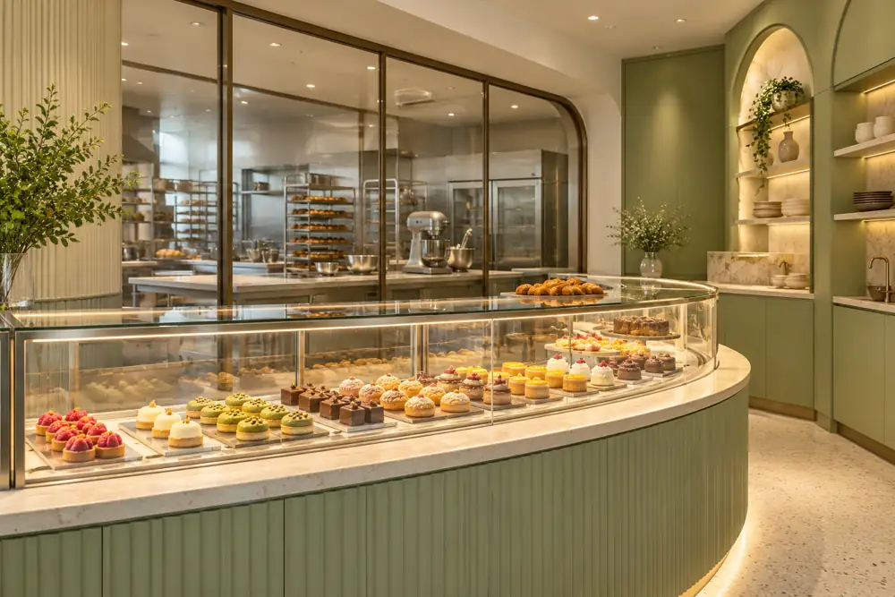 Concept illustration: Boutique bakery interior with curved chilled pastry display in front and stainless production counter visible behind framed glass, pistachio cabinetry, unlabelled pastries