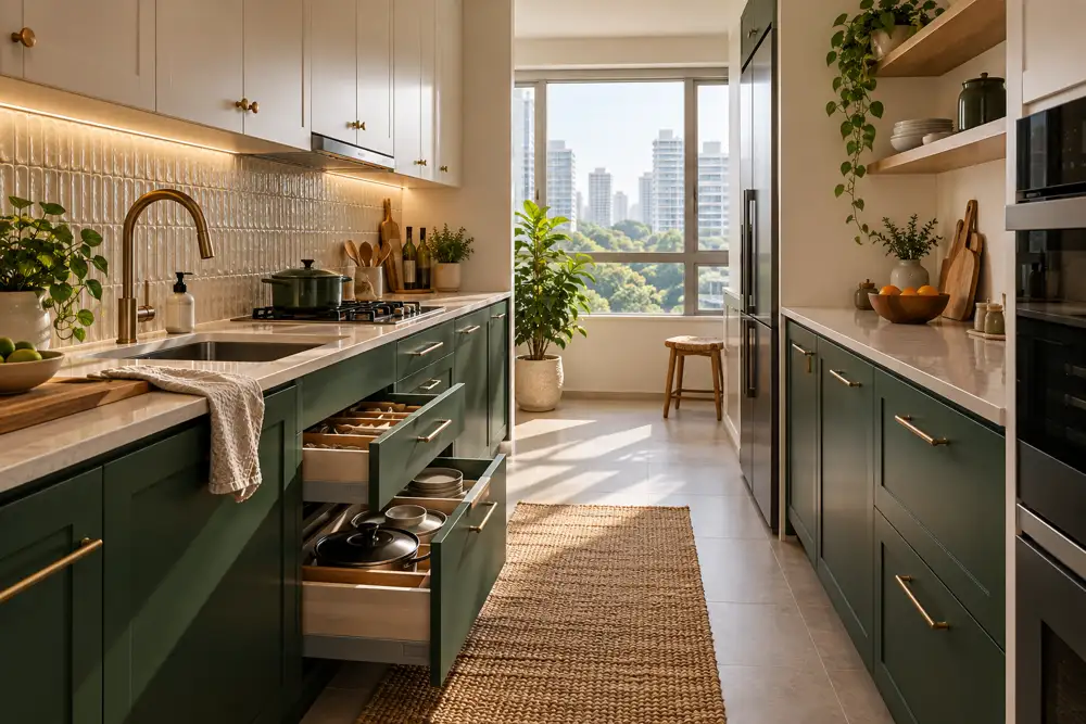 Editorial illustration of a contemporary Singapore galley kitchen with deep forest-green lower cabinets, cream upper cabinets and organised drawers partly open, warm metal hardware and morning light.