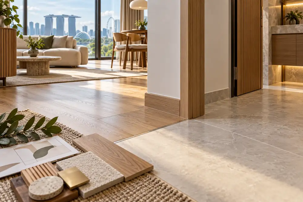 Editorial illustration of a close floor-level view of a bright Singapore apartment showing carefully finished transitions between oak flooring and pale stone tiles, skirting and doorway detail, flooring samples in foreground.