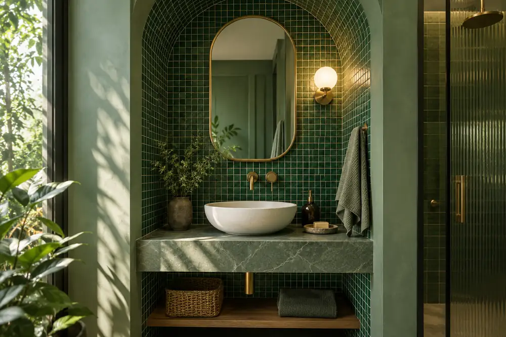 Editorial illustration of an intimate sage-green bathroom niche lined with small emerald mosaic tiles and curved arch, brass tap and plain ceramic basin, highly detailed grout pattern.