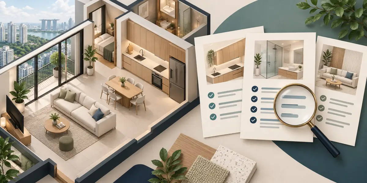 Illustration of a Singapore apartment beside three renovation quotations, highlighting scope, materials, exclusions and payment terms.
