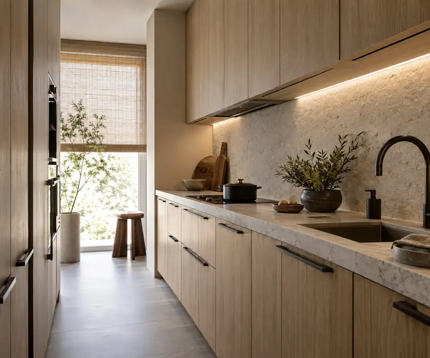 Concept illustration: Quiet Japandi galley kitchen with ash timber flat cabinet fronts, pale textured backsplash, charcoal handles and a stone preparation ledge, close oblique architectural view