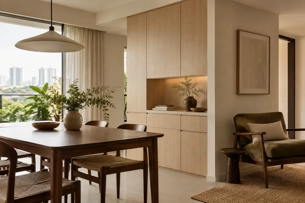 Concept illustration: Realistic apartment renovation concept with retained deep walnut dining table next to new pale oak storage, one original vintage armchair and fresh cream walls, coordinated honest materials