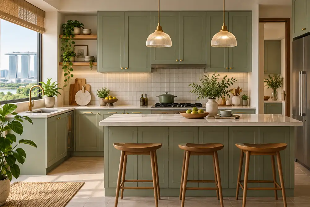 Editorial illustration of a charming modern Singapore kitchen featuring sage Shaker frame-panel doors, brass handles, pale countertop and square tile backsplash, distinct frontal composition.