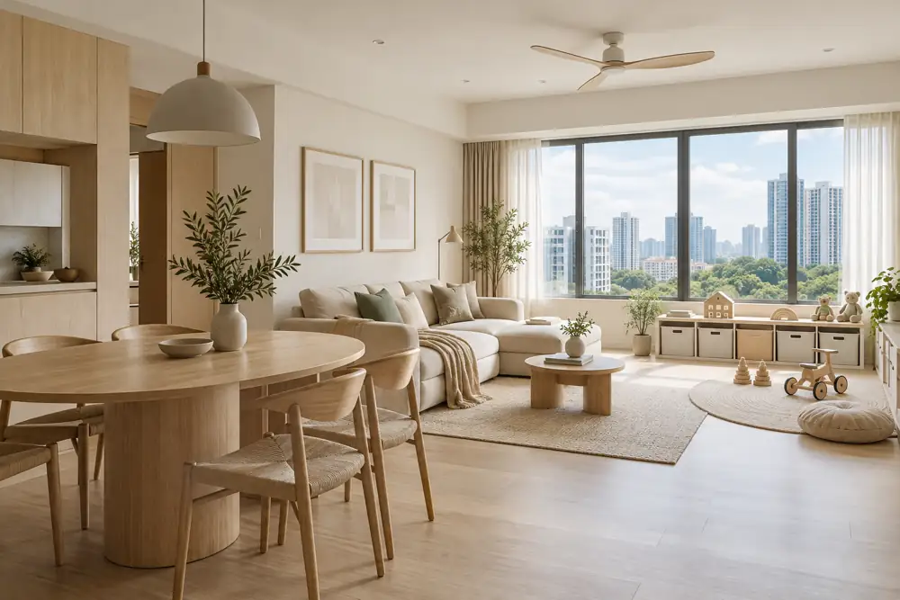 Concept illustration: A bright Scandinavian Singapore family apartment with pale oak rounded dining table, washable cream sofa, low closed toy storage and an uncluttered play corner, afternoon daylight