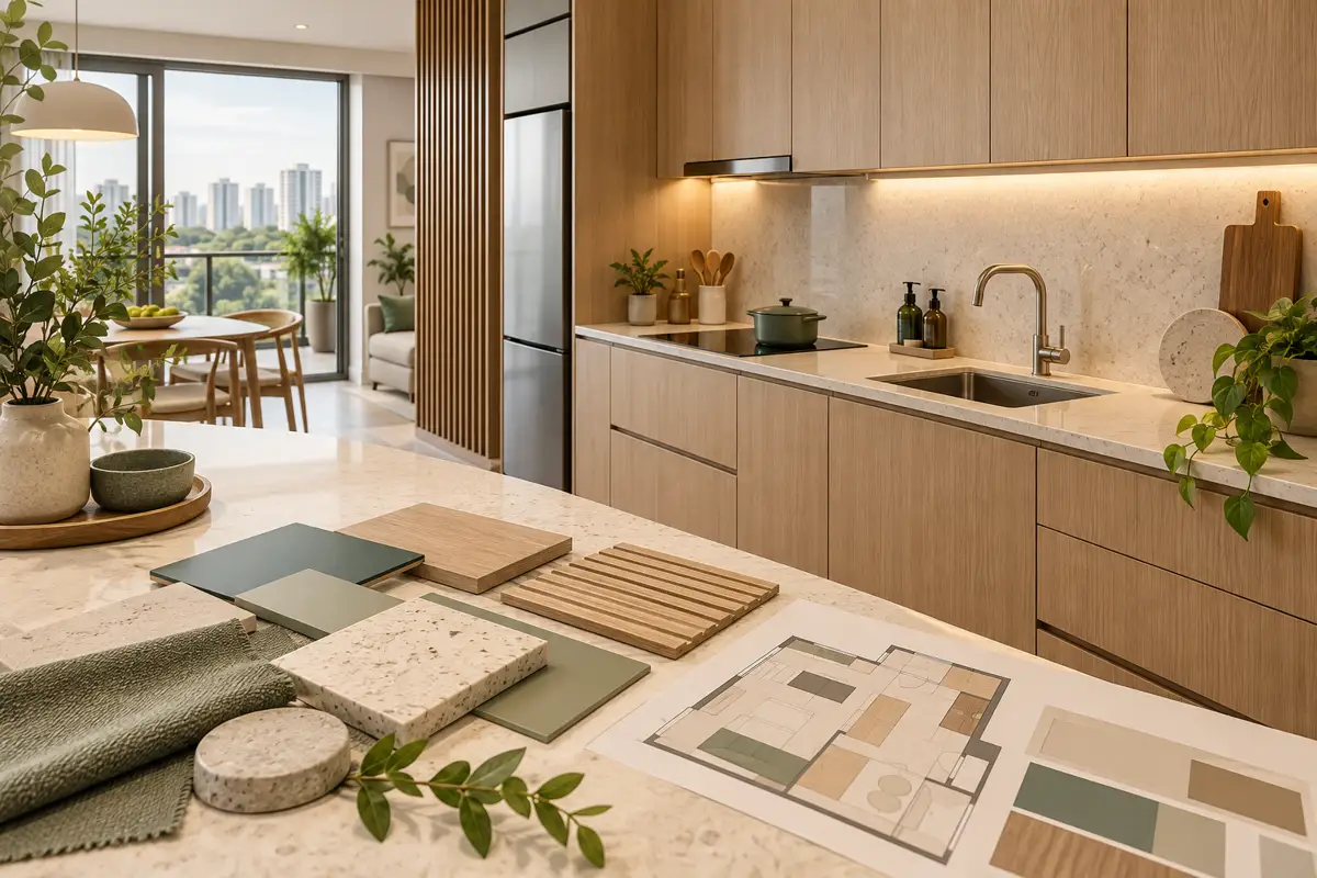 Illustrative compact Singapore kitchen with oak cabinets, light countertop and material samples.